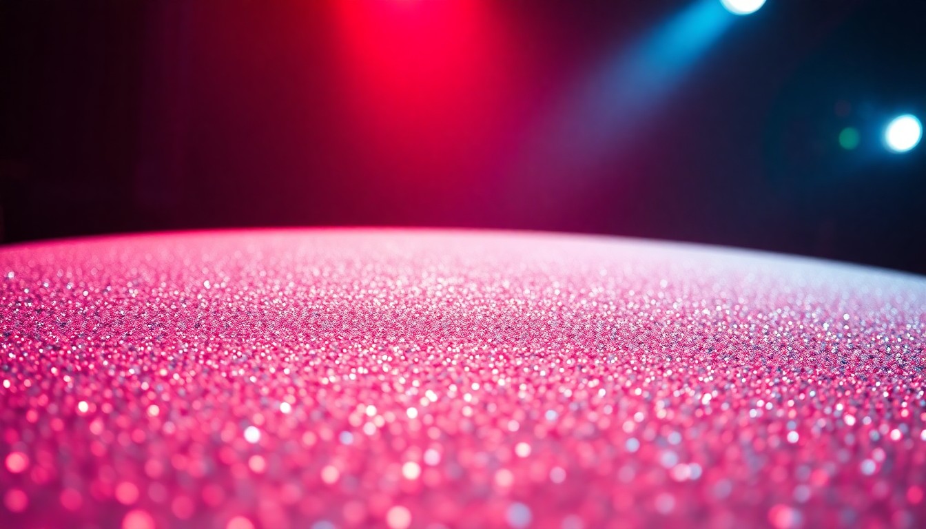 An extreme close-up photograph of a shimmering, glittering surface in high-contrast studio lighting, conceptually representing the glamour and luxury of the music industry.
