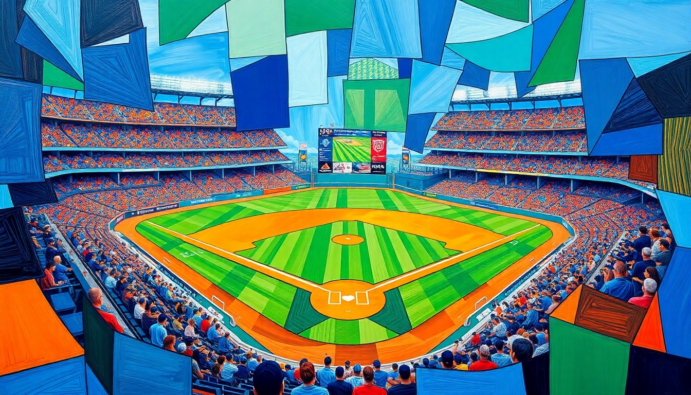 A fragmented, geometric painting depicting a baseball game in motion, with overlapping shapes and planes of color representing the players, field, and action on the diamond.