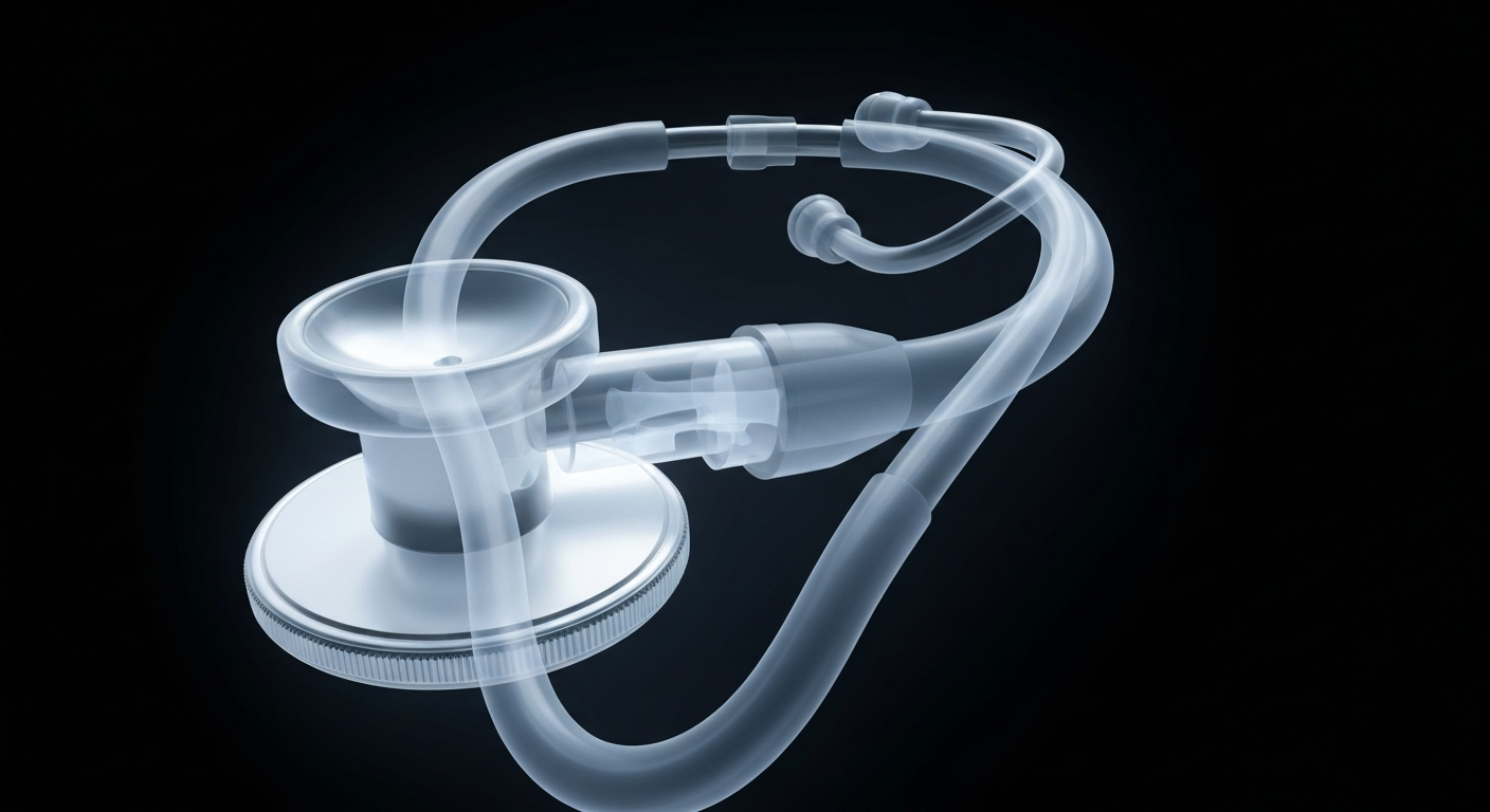 An extreme close-up, translucent X-ray photograph revealing the intricate, glowing internal structure of a stethoscope against a dark background, conceptually representing the medical legacy of the Opelousas General Hospital legends.