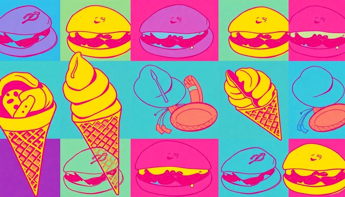 A brightly colored, high-contrast silkscreen print of an iconic New Bedford food item such as a seafood dish, ice cream cone, or sandwich, repeated in a tight grid pattern, conceptually representing the diverse and vibrant dining options returning to the SouthCoast region.