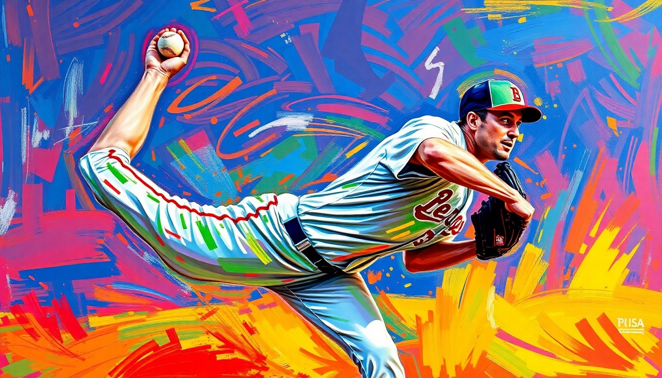 An abstract, energetic painting featuring a baseball pitcher in motion, with vibrant neon colors and expressive brushstrokes capturing the raw power and intensity of the sport.