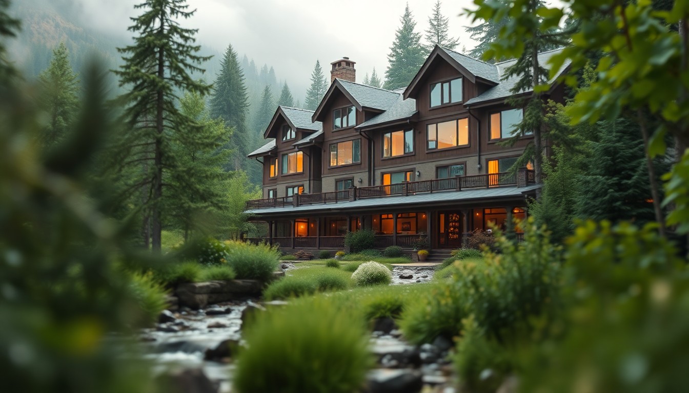 An extremely abstracted, out-of-focus photograph of a cozy mountain townhome surrounded by lush greenery and a gentle stream, conveying a serene and atmospheric mood.