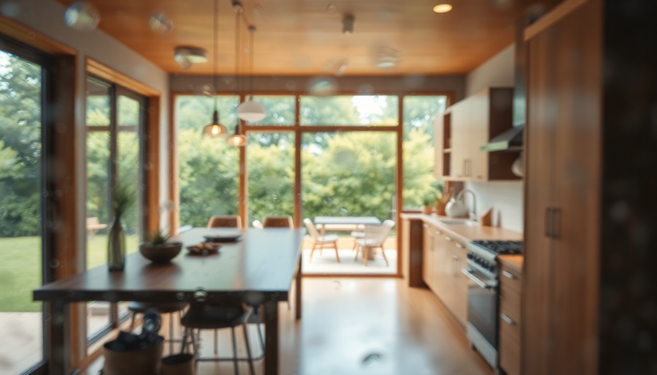 An abstract, out-of-focus photograph showing the warm, cozy interior of a modern kitchen with natural wood accents and a glimpse of a lush, green backyard, conveying the peaceful, nature-inspired atmosphere of the property.