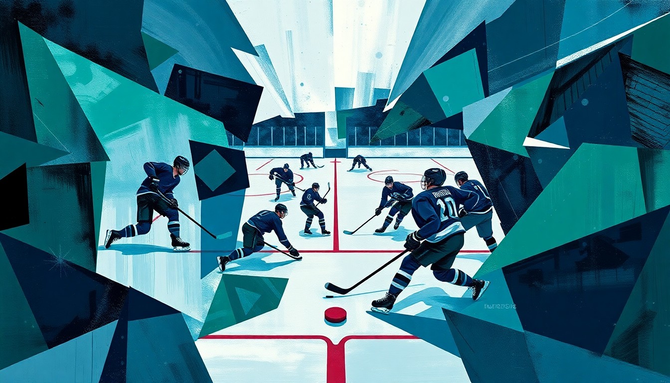 A cubist, geometric painting depicting a hockey game between the Seattle Kraken and Colorado Avalanche, with the players and puck represented as fragmented, angular shapes in a palette of blues, greens, and grays.