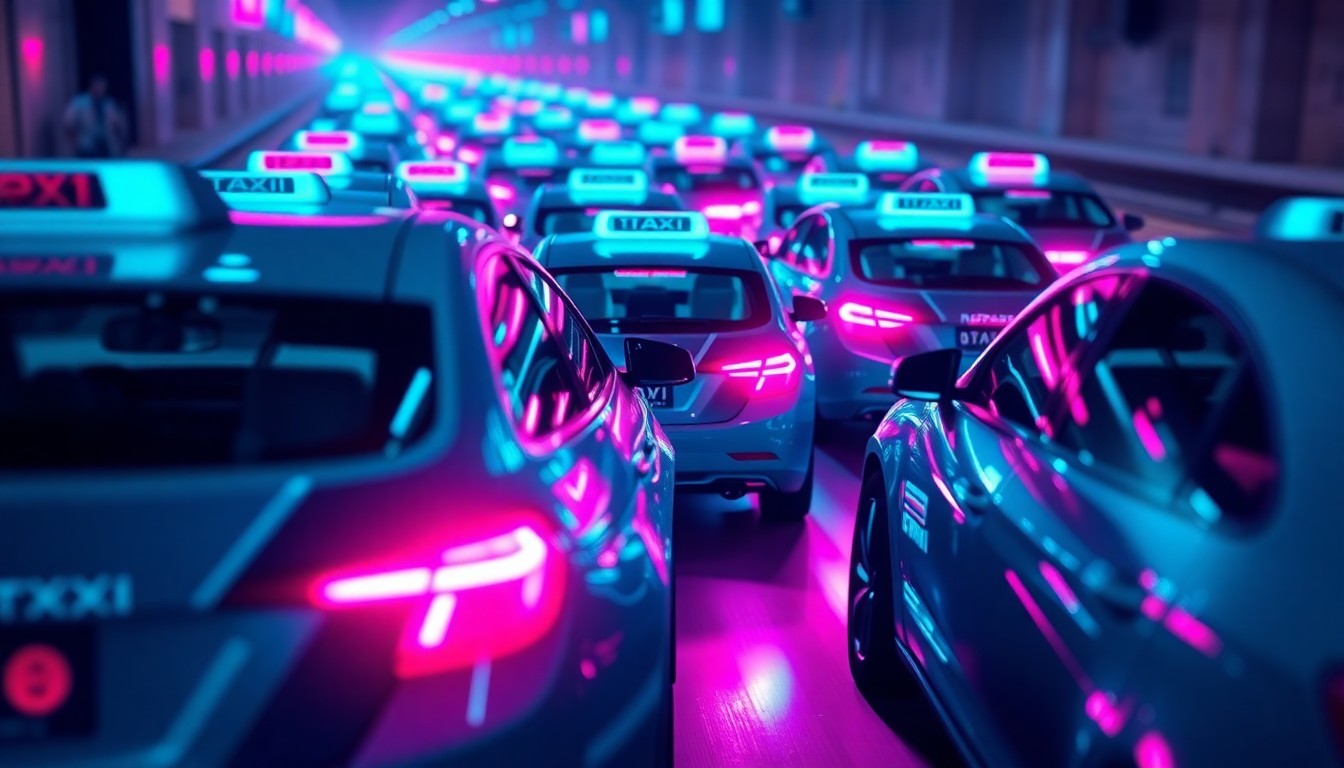 A highly detailed, 3D illustration of a fleet of glowing, futuristic Robotaxi vehicles in motion, representing the technological innovation and global deployment of autonomous driving services.