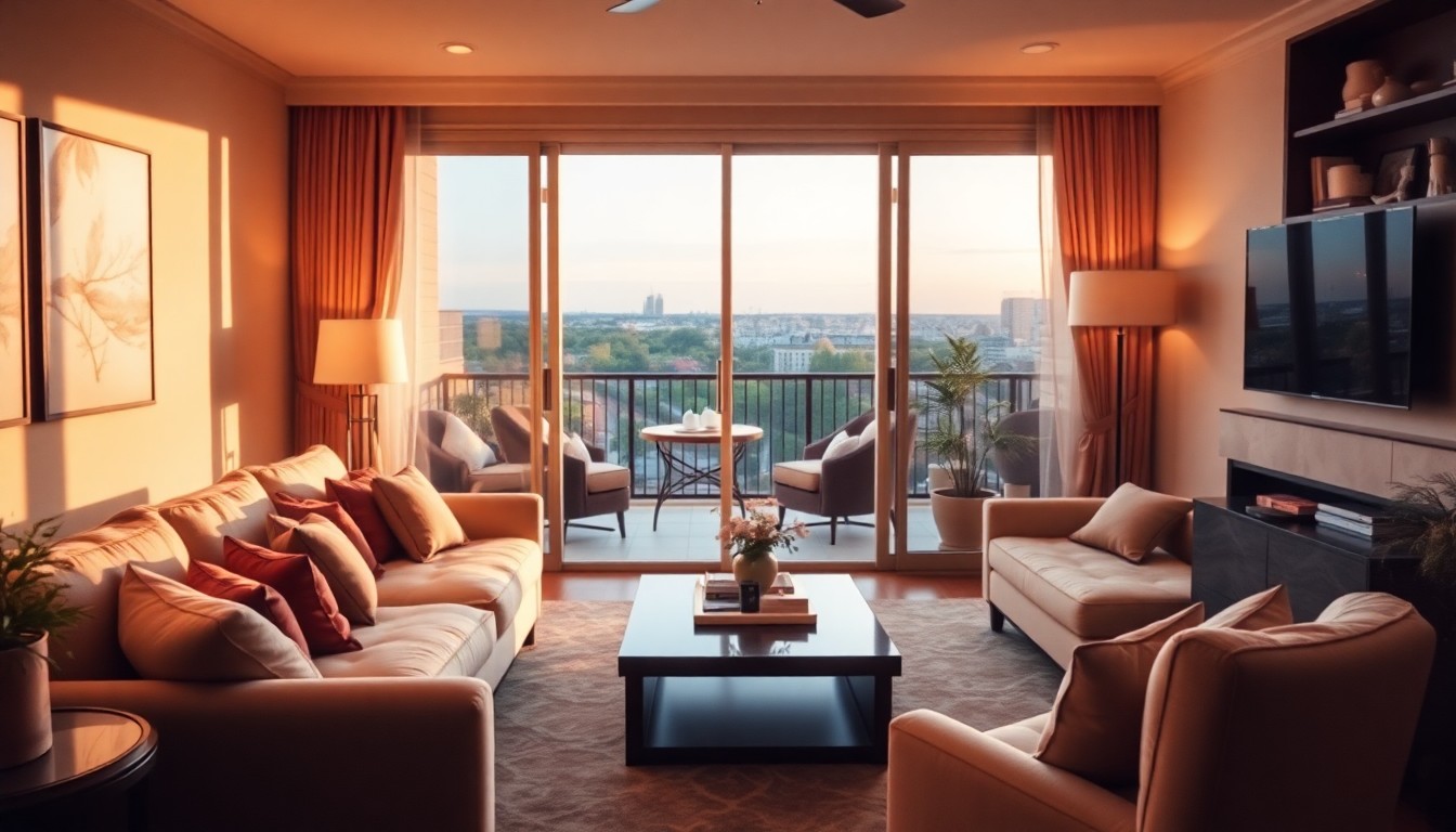 A softly focused, warm-toned photograph of a cozy living room with plush furniture and a view of a private patio, conveying the serene and inviting atmosphere of a luxury condo.