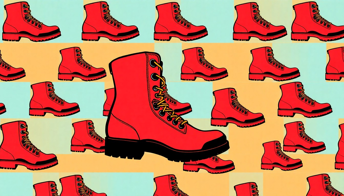 A brightly colored, high-contrast silkscreen print of a hiking boot repeated in a tight grid pattern, using flat, unnatural neon colors and heavy black outlines to transform an everyday outdoor item into modern pop art.