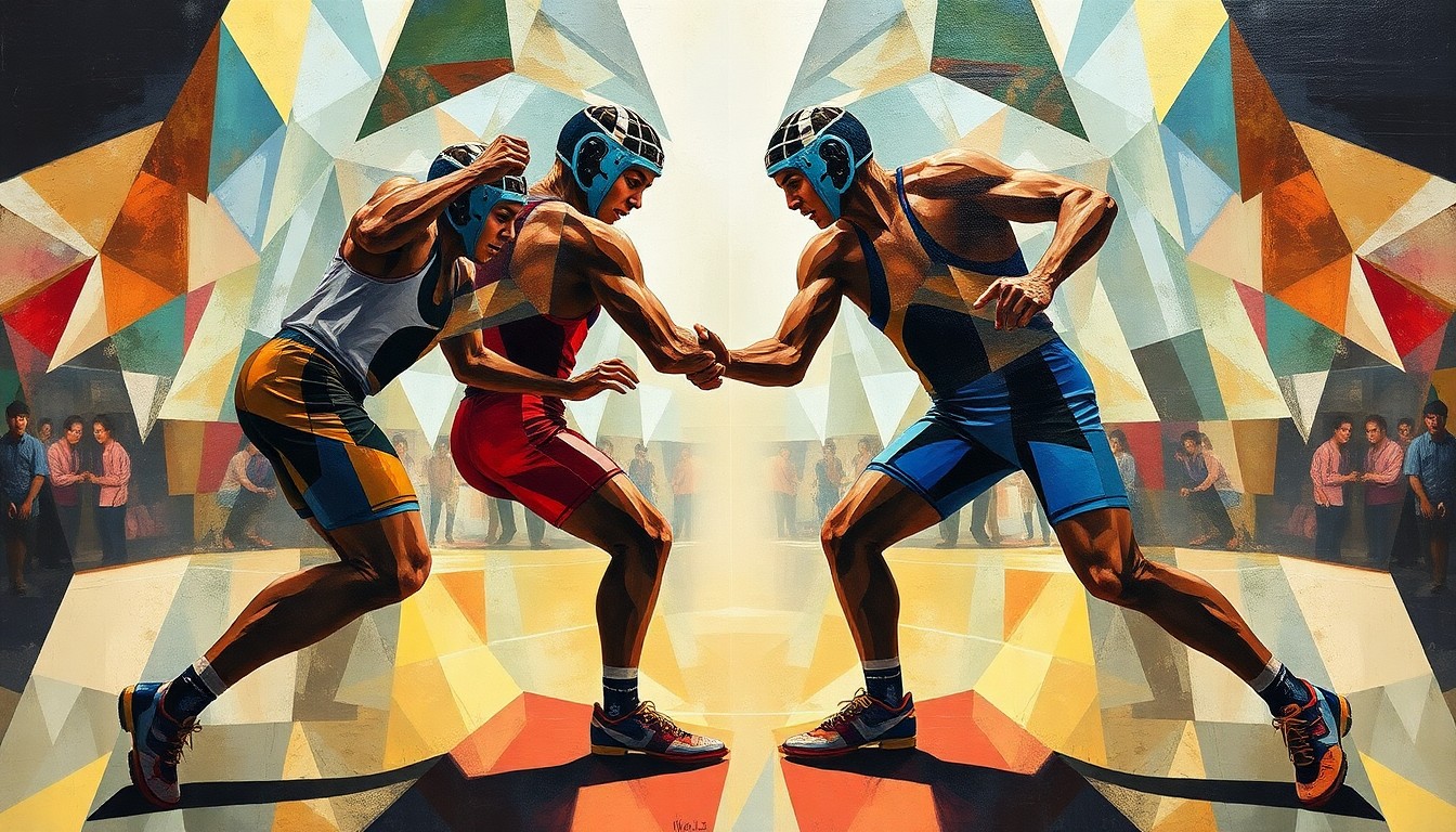 A cubist, geometric painting depicting the abstract movements and energy of a high school wrestling match, with the athletes' bodies broken down into overlapping planes of color and shape.
