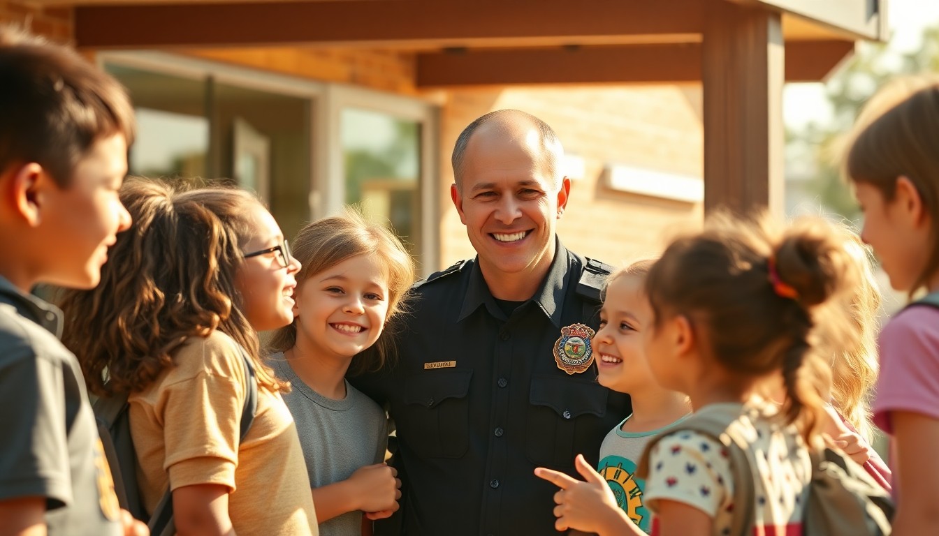 A softly focused, warm-toned photograph depicting a school resource officer engaging with a group of smiling elementary school students, conveying a sense of community and connection.