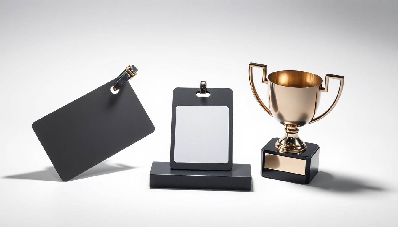 A high-end, photorealistic studio still-life photograph featuring a collection of polished, geometric objects representing the vacation ownership industry, such as a sleek hotel key card, a modern luggage tag, and a minimalist trophy award, arranged elegantly on a clean, white seamless background with dramatic lighting and shadows.