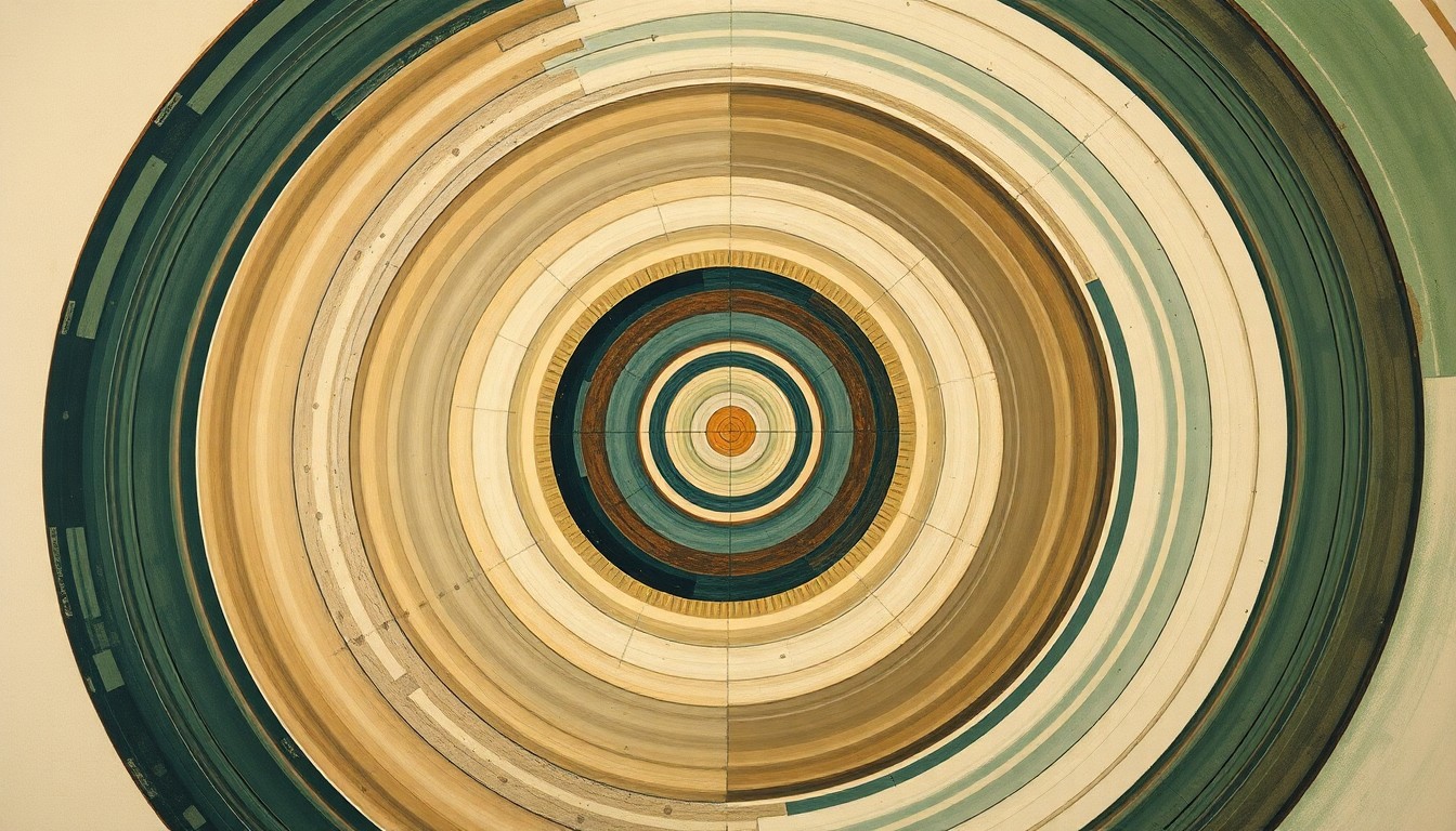 A highly structured abstract painting in earthy tones of green, brown, and blue, featuring sweeping geometric arcs, concentric circles, and precise botanical spirals, conceptually representing the complex interconnected forces within the tumor microenvironment.