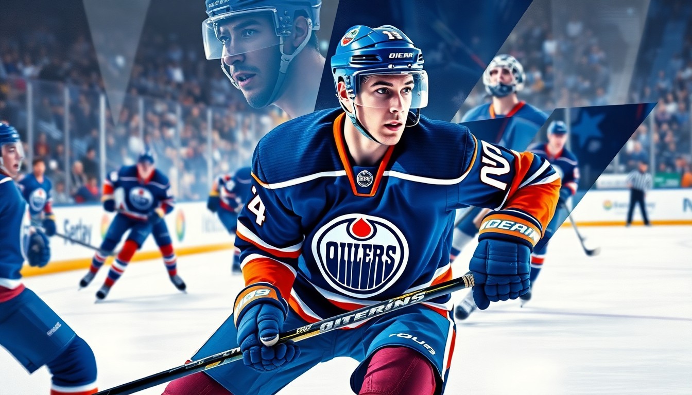 A cubist, geometric painting depicting the dynamic movement and energy of a hockey game, with the Oilers' blue and orange colors breaking apart into sharp, overlapping planes to represent the skill and dominance of star player Connor McDavid.