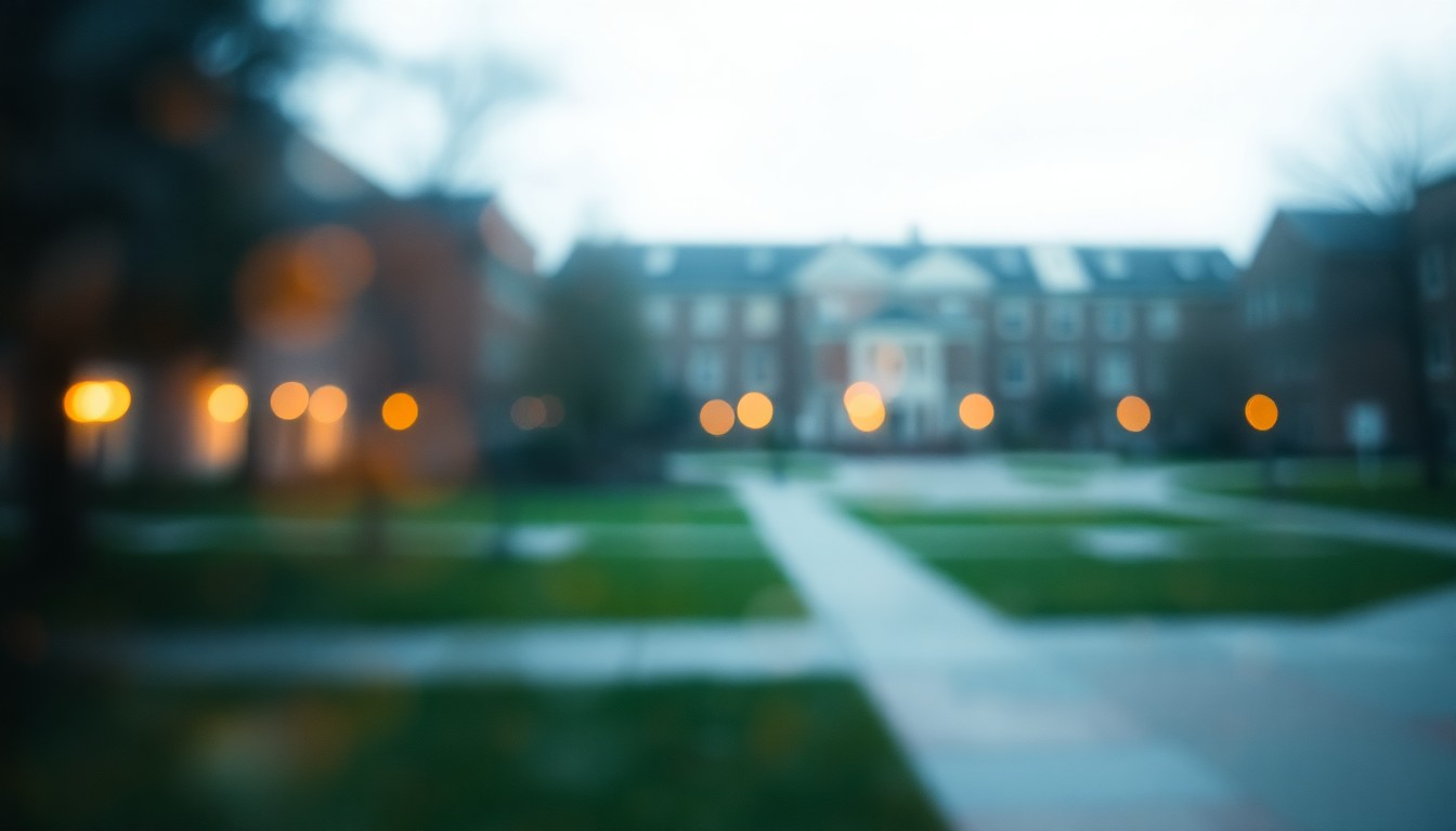 An abstract, impressionistic scene of blurred, warm-toned shapes and colors, conveying a sense of contemplation and transition on a university campus.
