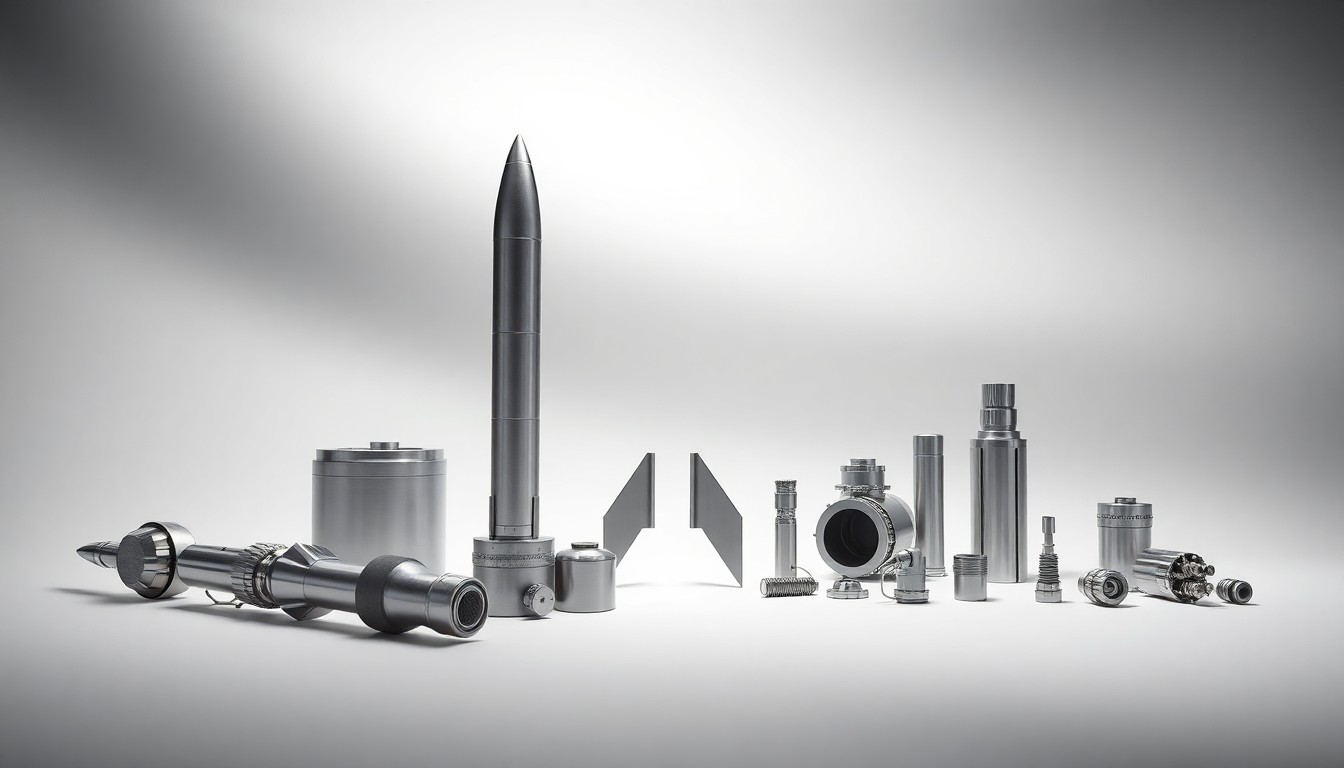 A photorealistic studio still-life image featuring a sleek, metallic rocket model and a collection of precision aerospace components arranged elegantly on a clean, monochromatic background, conveying Rocket Lab's advanced space technology and engineering capabilities.