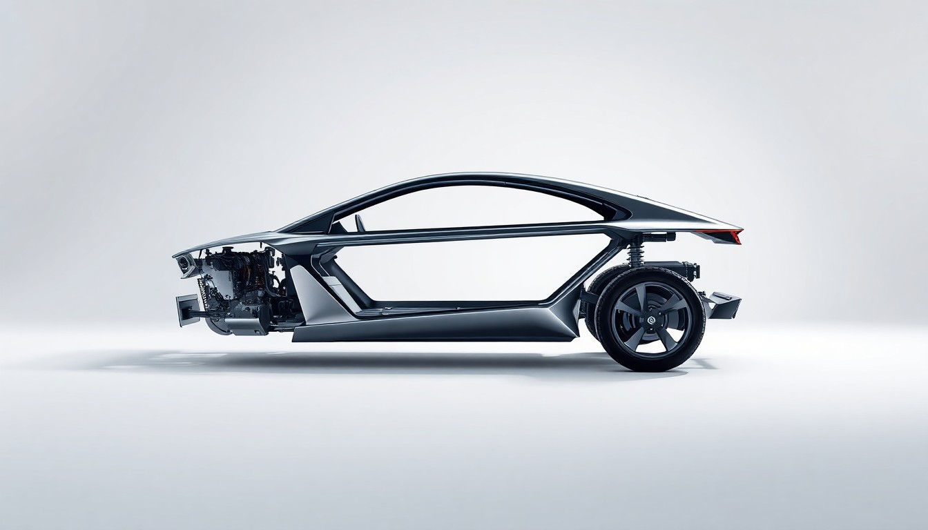 A photorealistic studio still life featuring a sleek, angular electric vehicle chassis in a polished silver finish, floating on a clean white background with dramatic lighting and deep shadows, conceptually representing Tesla's autonomous driving technology and robotaxi aspirations.