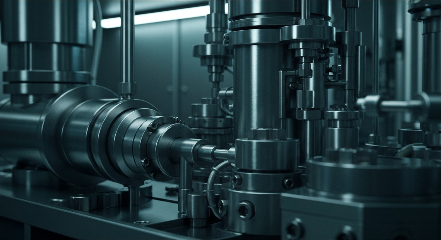 An extreme close-up of complex pharmaceutical manufacturing equipment and machinery, conveying the technical sophistication and high stakes of the biotech industry without using any text or symbols.