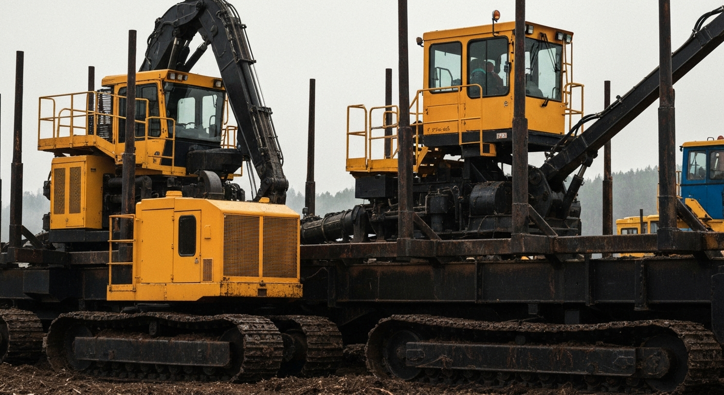 An extreme close-up of industrial machinery and equipment used in timber harvesting and wood processing, conveying the scale, power, and precision of Weyerhaeuser's operations.