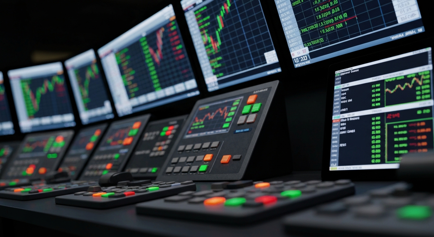 A close-up, high-contrast image of the inner workings of a stock trading terminal, with a focus on the intricate machinery and digital displays that power the financial markets, conveying the complex, interconnected nature of modern finance.