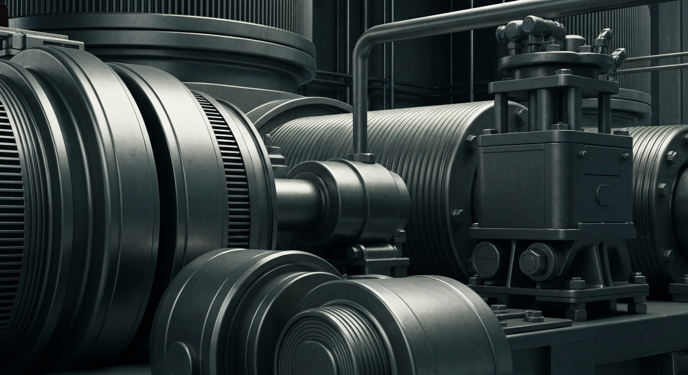 A cinematic close-up of gleaming, industrial-scale machinery and equipment, representing the physical assets and financial security of major utility companies.