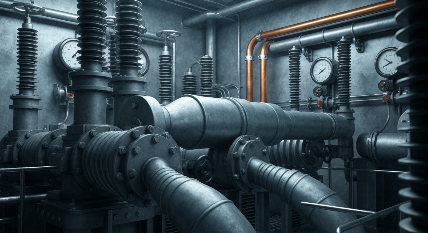 A highly detailed, industrial close-up image of the inner workings of an electrical substation, with a focus on the complex machinery and equipment that powers the grid.