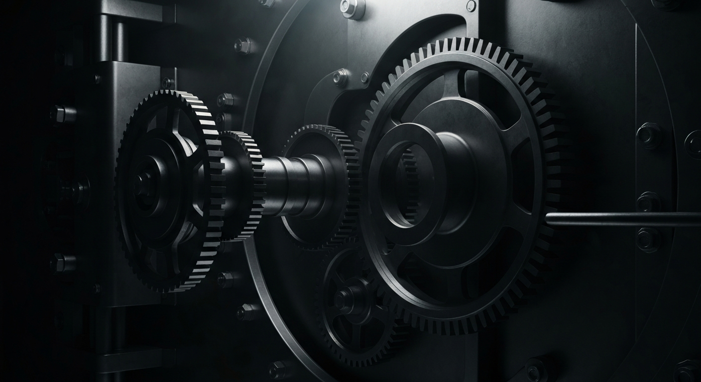 A highly detailed, black-and-white close-up image of the heavy, industrial machinery and gears inside a bank vault, conveying a sense of financial security and stability through its physical, mechanical components.