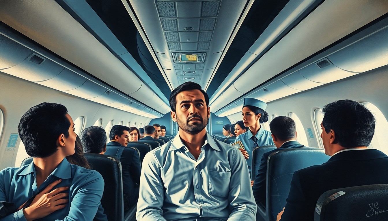 A cubist, geometric painting depicting the fractured, multi-perspective scene of an airplane cabin, with sharp overlapping planes representing the tense interaction between an MMA fighter and the flight crew over alleged safety violations.