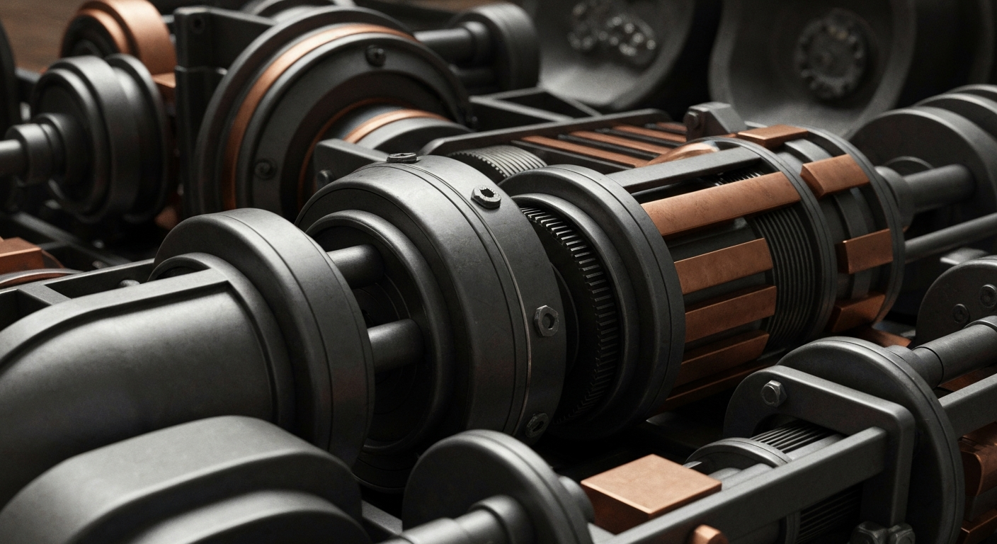 A dramatic, high-contrast close-up of complex, interlocking industrial machinery and equipment, representing the strength and security of the financial sector without using any literal currency or charts.