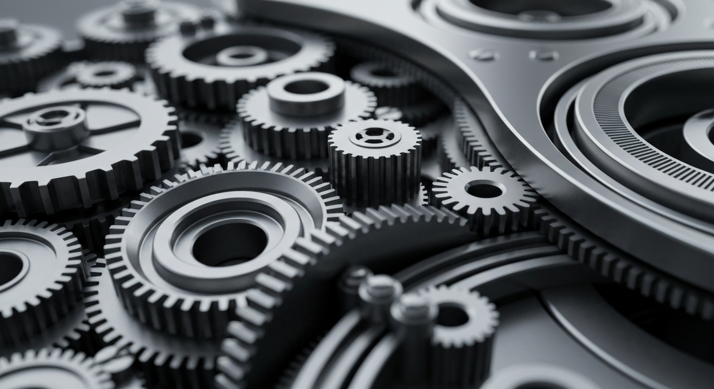 An extreme close-up of a complex array of metallic gears and machinery, representing the intricate financial systems and institutional infrastructure driving the surge in Relay Therapeutics' stock price.
