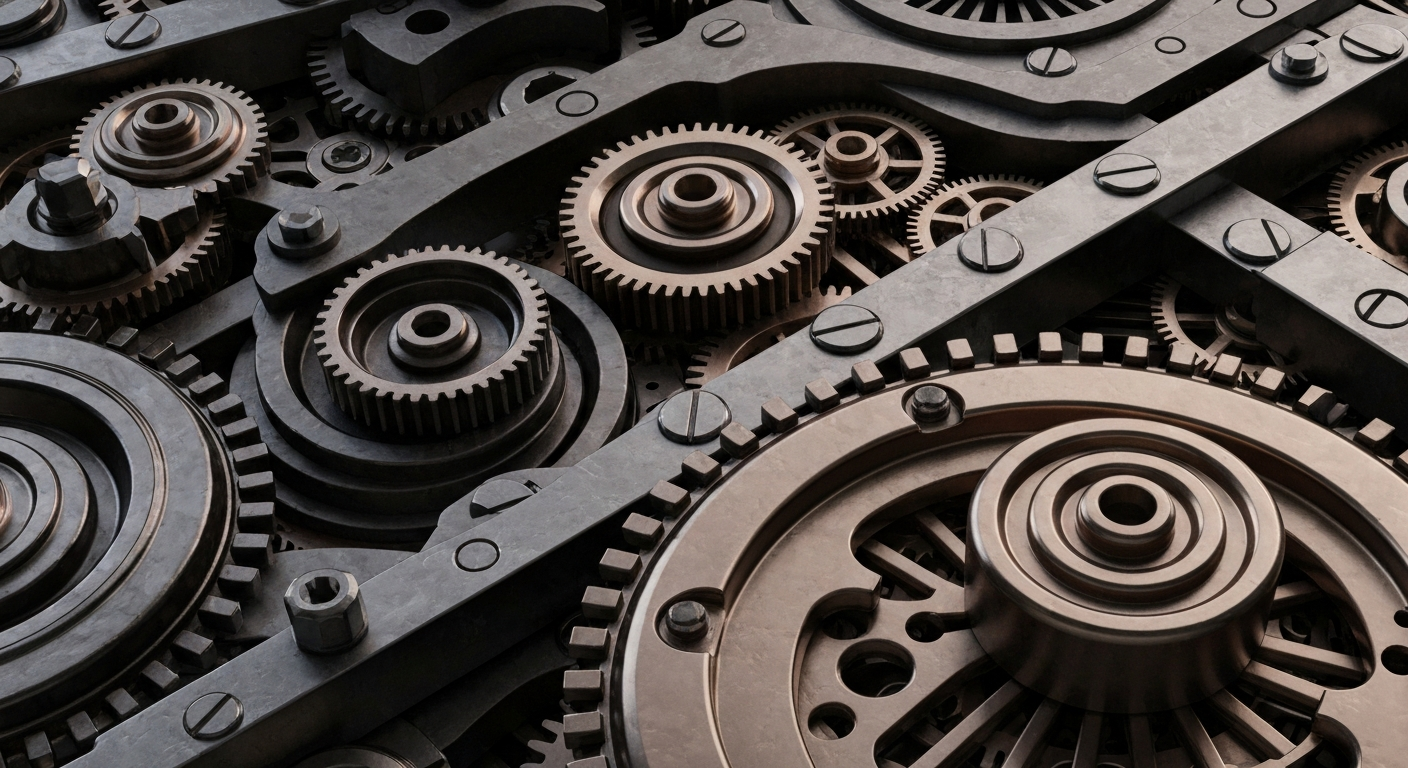 An extreme close-up of a complex array of metal gears, levers, and machinery, conveying the intricate and high-stakes nature of biotech investments without using any text or identifiable elements.