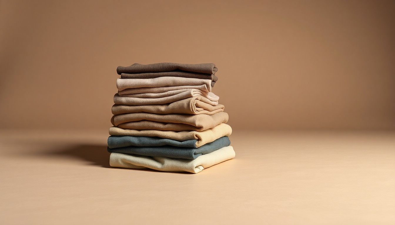 A high-end, photorealistic studio still-life photograph featuring a stack of neatly folded clothing items in muted earth tones, arranged elegantly on a clean, monochromatic background with sharp, dramatic lighting and deep shadows.
