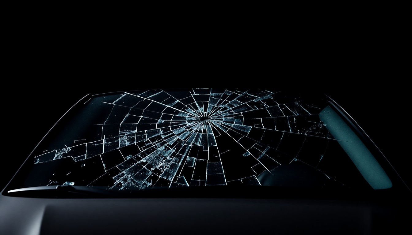 An extreme close-up photograph of a shattered car windshield against a pitch-black background, conveying the tragic aftermath of a police crash through the damaged glass.