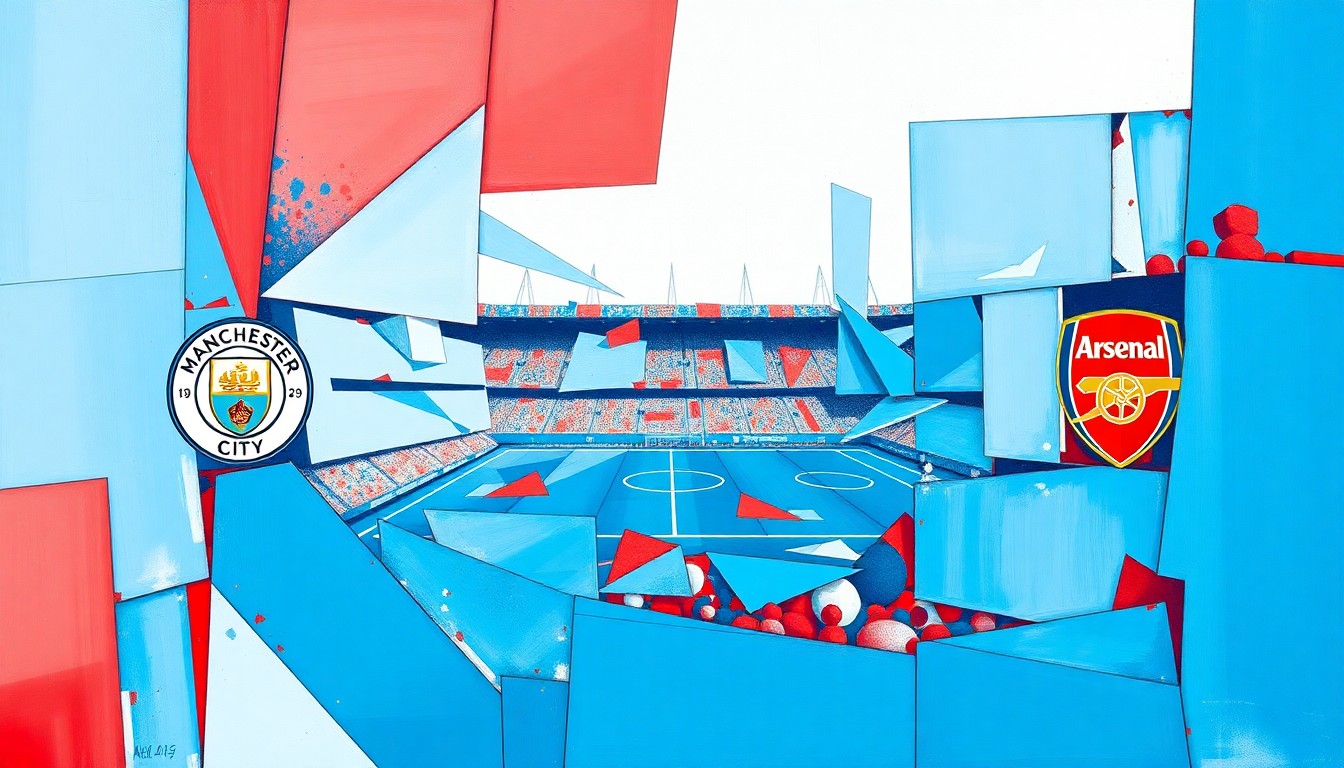 A fractured, geometric painting depicting a Premier League football match between two teams, with sharp planes of color and overlapping shapes representing the dynamic action on the pitch.