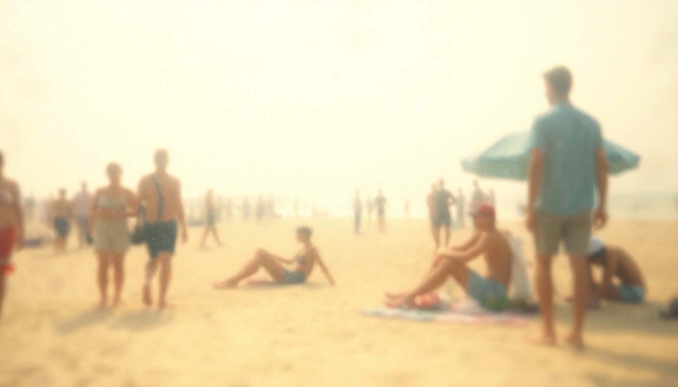 An abstract, out-of-focus photograph in warm tones depicting the hazy silhouettes of people relaxing on a sunny beach, conceptually representing the improved beach experience that will result from the Lido Beach renourishment project.