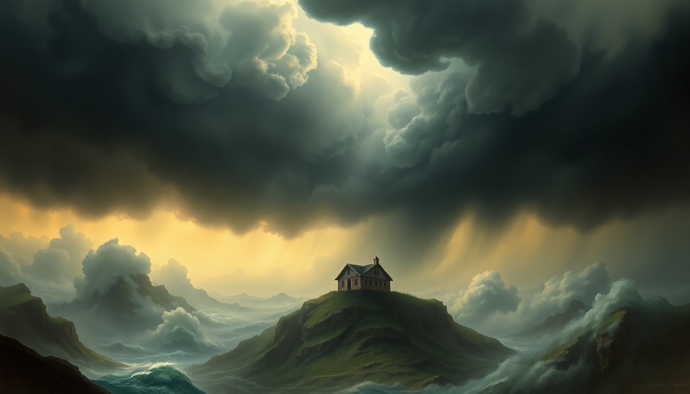 A sweeping landscape painting in muted tones, with a small elevated house structure barely visible against a backdrop of dramatic, swirling storm clouds and heavy rainfall, conveying the overwhelming scale and power of a hurricane.