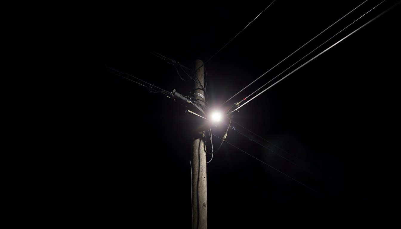 An extreme close-up photograph of a damaged power pole and electrical wires, with a dramatic, high-contrast lighting that creates a gritty, investigative mood without any text or identifiable elements.