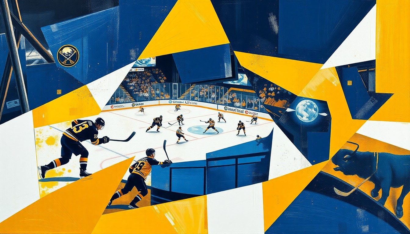A cubist, geometric painting depicting a hockey game between the Boston Bruins and Buffalo Sabres, with sharp, overlapping planes of navy blue, gold, and white capturing the dynamic action on the ice.