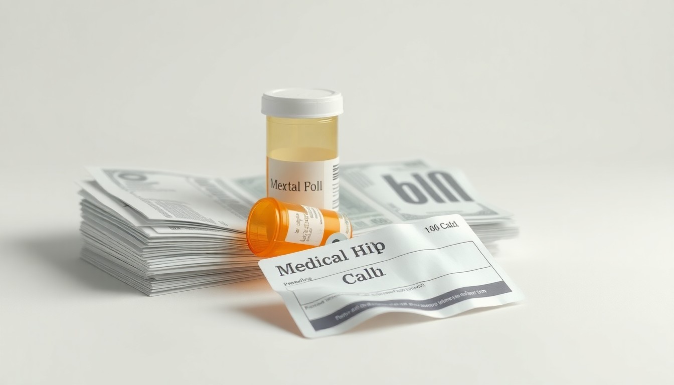 A high-end, photorealistic studio still-life featuring a stack of medical bills, an empty prescription bottle, and a crumpled health insurance card on a clean, monochromatic background, conceptually representing the financial challenges facing the healthcare industry.