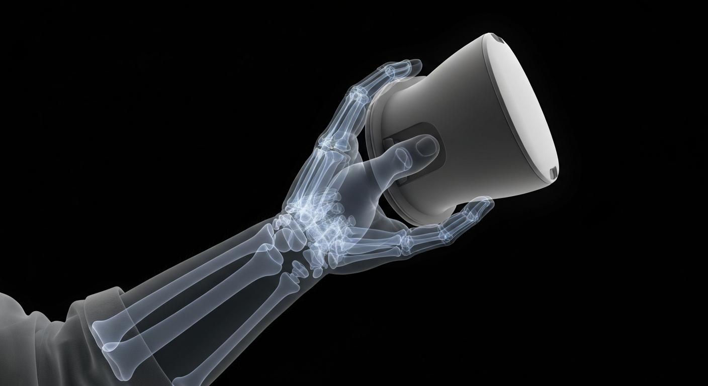 An ethereal, X-ray-style image revealing the internal structures of an elderly person's hand holding a virtual reality headset, the ghostly lines and forms conveying the transformative power of this technology for senior care.