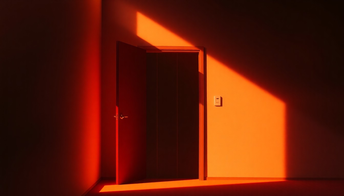 A warm, cinematic painting of a solitary hotel room door, with deep shadows and diagonal sunlight, conveying a mood of quiet tension and unease.
