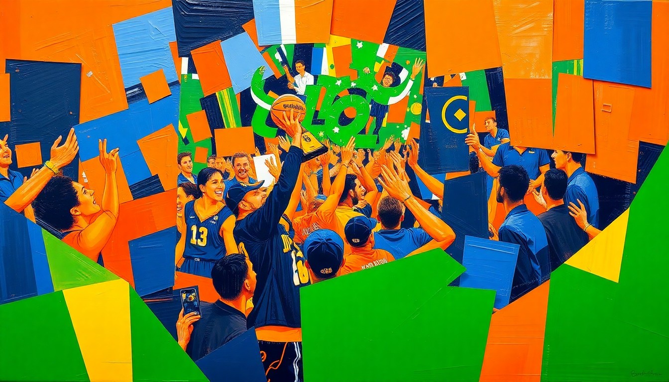 A cubist-style painting featuring fragmented geometric shapes in bright orange, deep blue, and vibrant green, capturing the energy and excitement of a college basketball championship celebration.