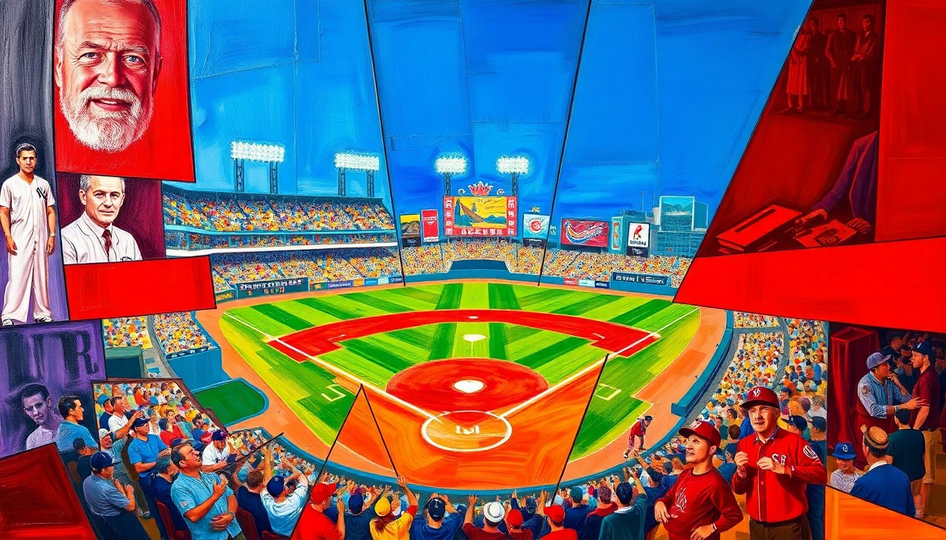 A cubist, geometric painting depicting a baseball game or match, with sharp, overlapping planes of color representing the dynamic action on the field.