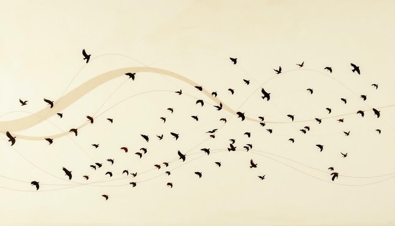 A bold, abstract painting in muted greens, browns, and blues, featuring sweeping geometric arcs, intersecting waveforms, and precise avian silhouettes, conceptually representing the complex migratory patterns of birds across Connecticut's skies.
