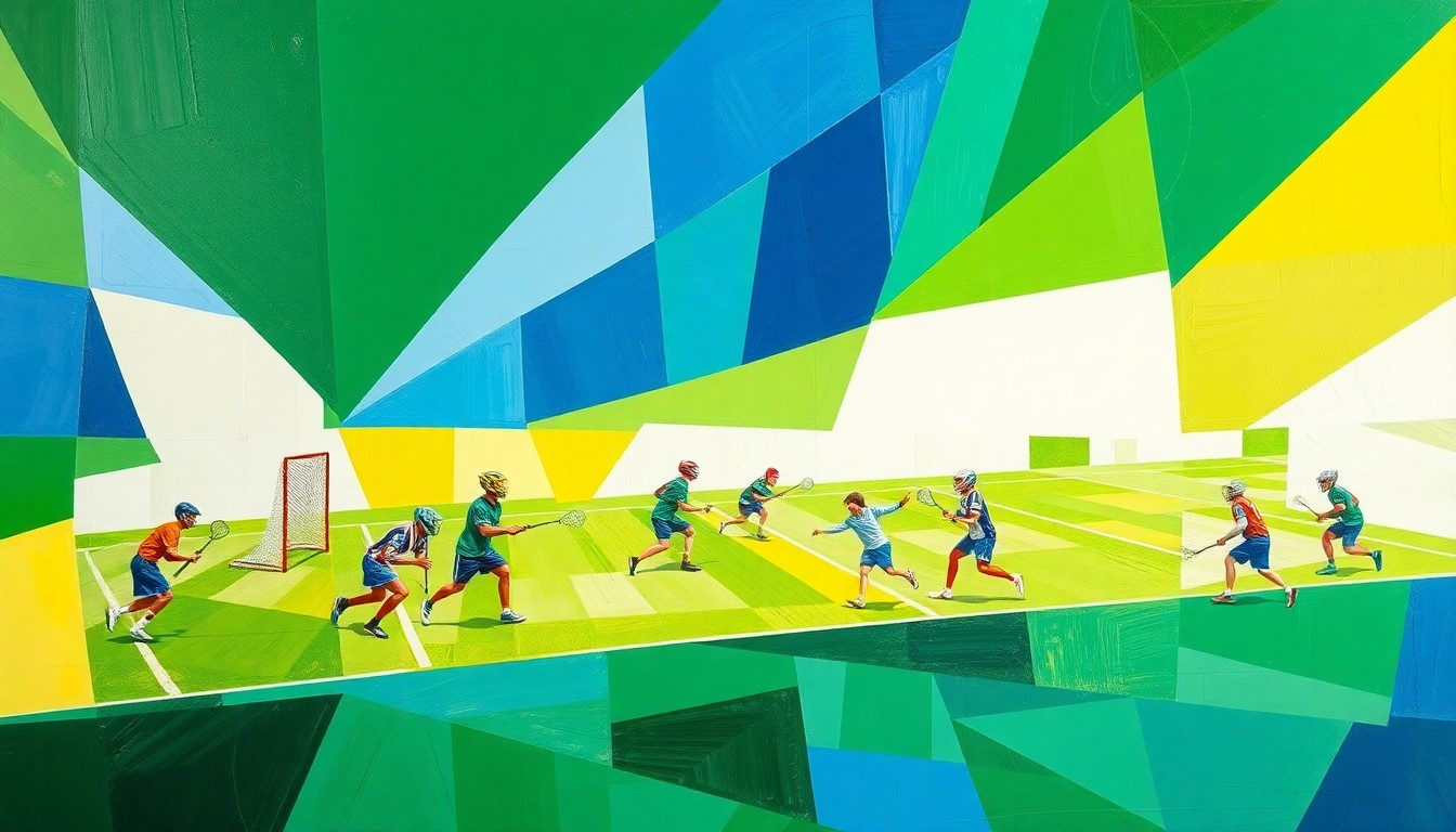 A fragmented, geometric painting in shades of green, blue, and white, capturing the dynamic movement and energy of a lacrosse game through Picasso's cubist style.
