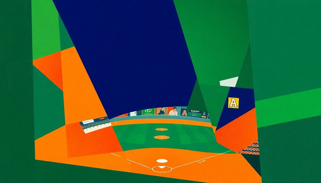 A vibrant, fragmented painting featuring overlapping geometric shapes and planes of color, conceptually representing the intensity and competitiveness of a close college baseball game.