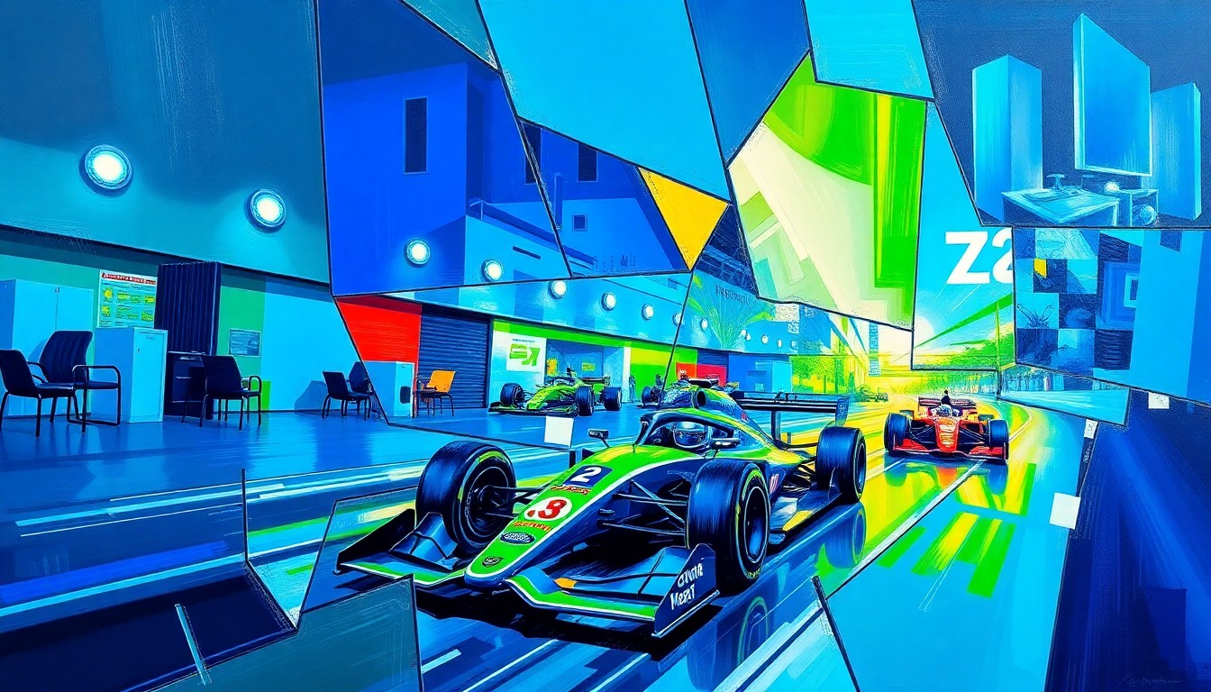 A cubist, geometric painting depicting the chaotic energy and motion of a Formula E race, with cars and track rendered in sharp, overlapping planes of vibrant blue, green, and silver.