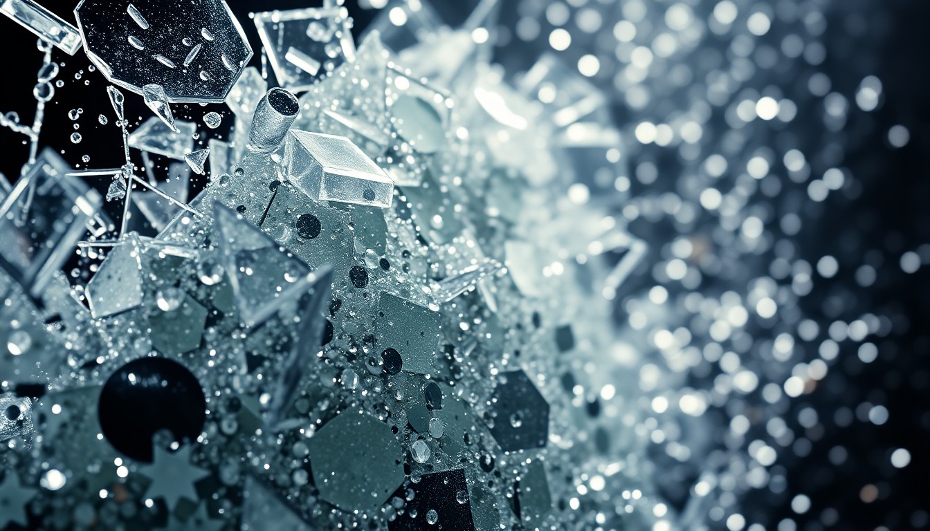 An abstract close-up photograph showing shattered glass and glittering sequins in dramatic high-contrast lighting, conceptually representing the glamour and legacy of the Osbourne family.