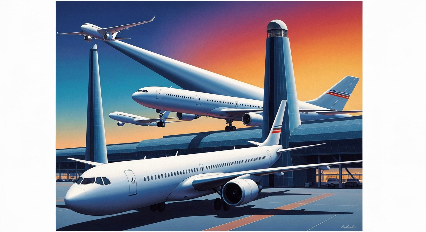 A bold, geometric illustration in the Art Deco style depicting the sweeping, streamlined forms of an aircraft and airport architecture, conceptually representing the innovative new sleep pods offered by Air New Zealand for economy passengers.