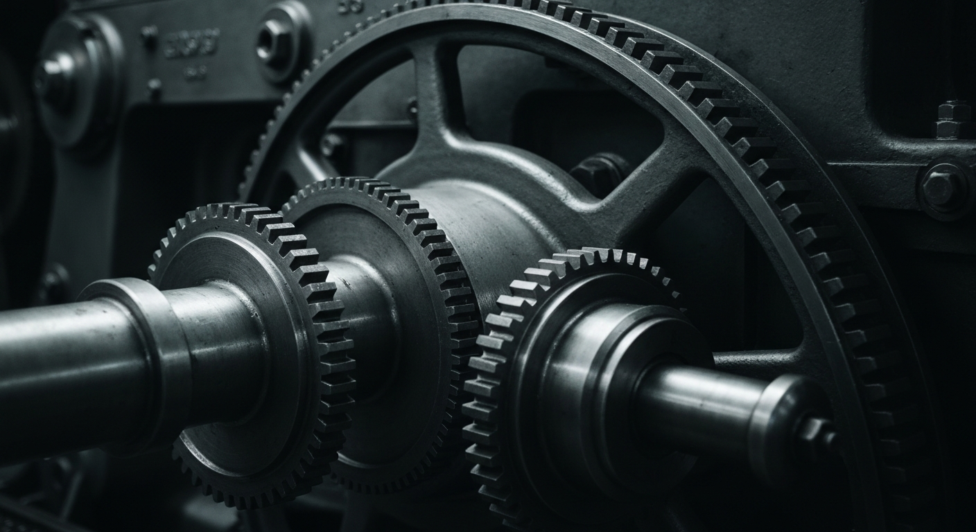 An extreme close-up of intricate, heavy banking machinery and mechanisms in shades of steel grey, bronze, and black, conceptually representing the financial technology that powers Fiserv's services.