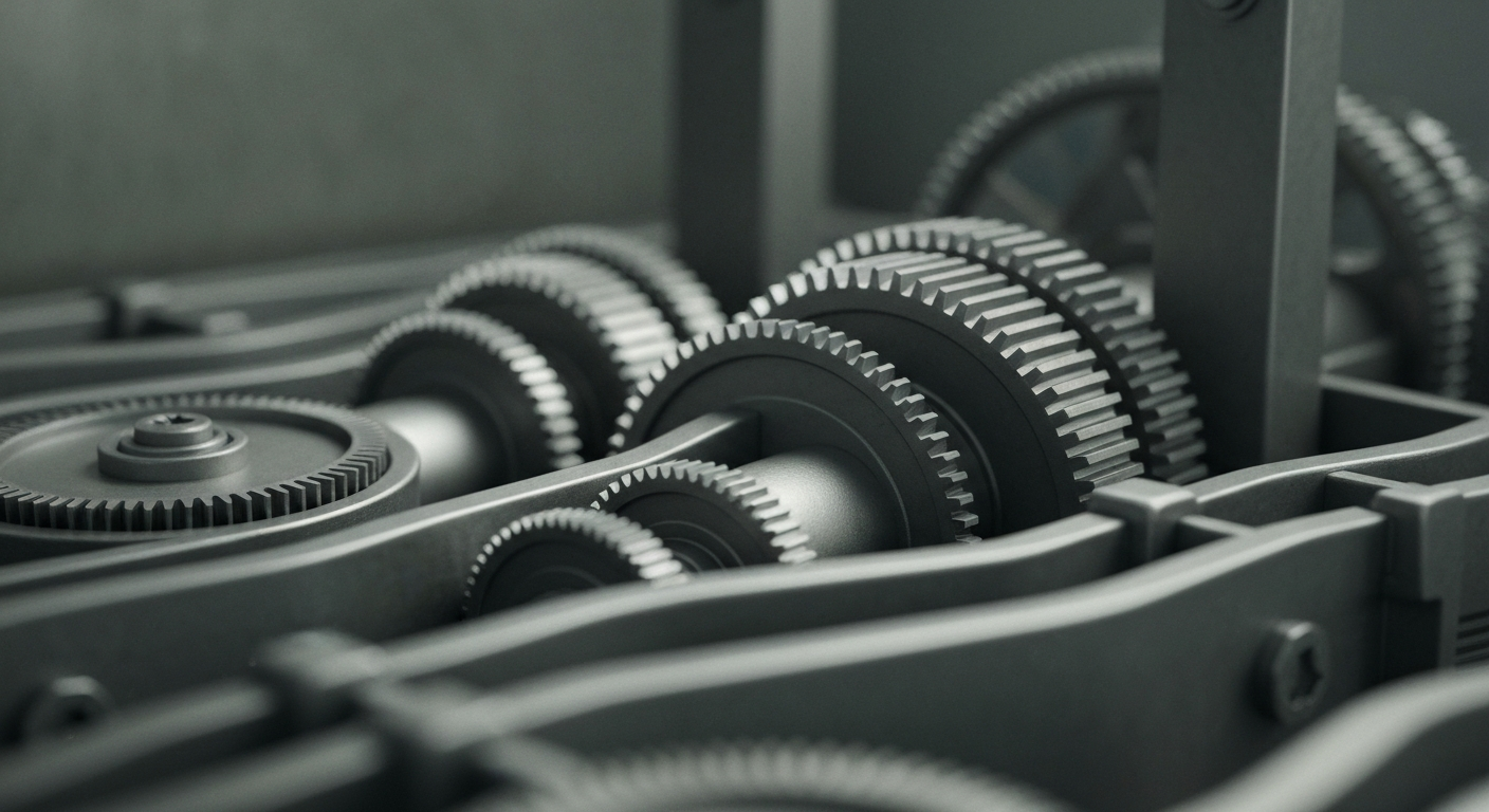 An extreme close-up of a complex, gear-driven banking mechanism in muted industrial tones, representing the secure, tangible infrastructure of the financial industry.