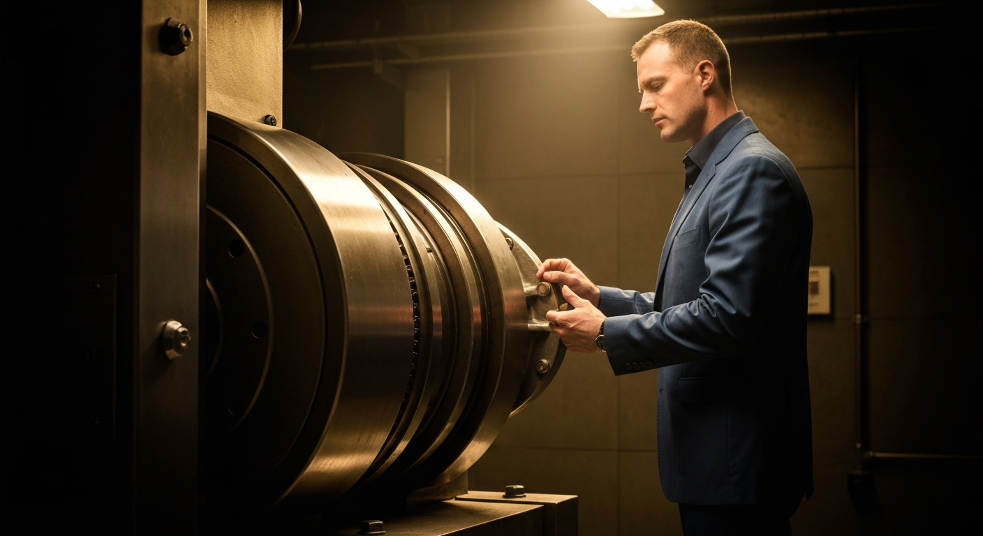 A highly detailed, black-and-white macro photograph of the inner workings of a large banking machine, capturing the heavy, industrial nature of financial infrastructure.